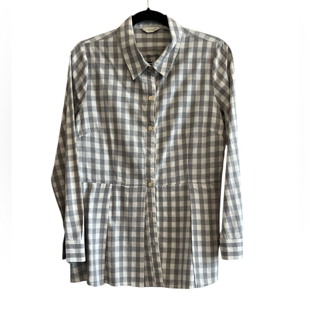 Anthropologie 100% Cotton Gray Gingham Pleated Peplum Button Down Shirt